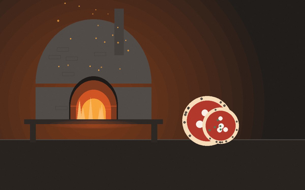 Flatbreads and a tray of vegetables in a pizza oven with the flame dying down