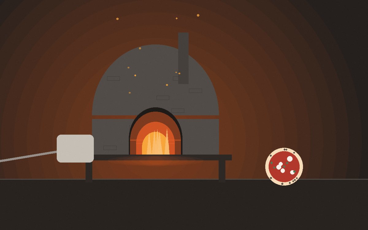 A small fire building at the back of a pizza oven with the dome turning from black to white