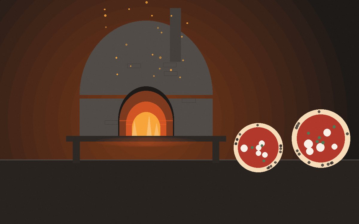 A pizza sliding off a peel into the mouth of a glowing oven