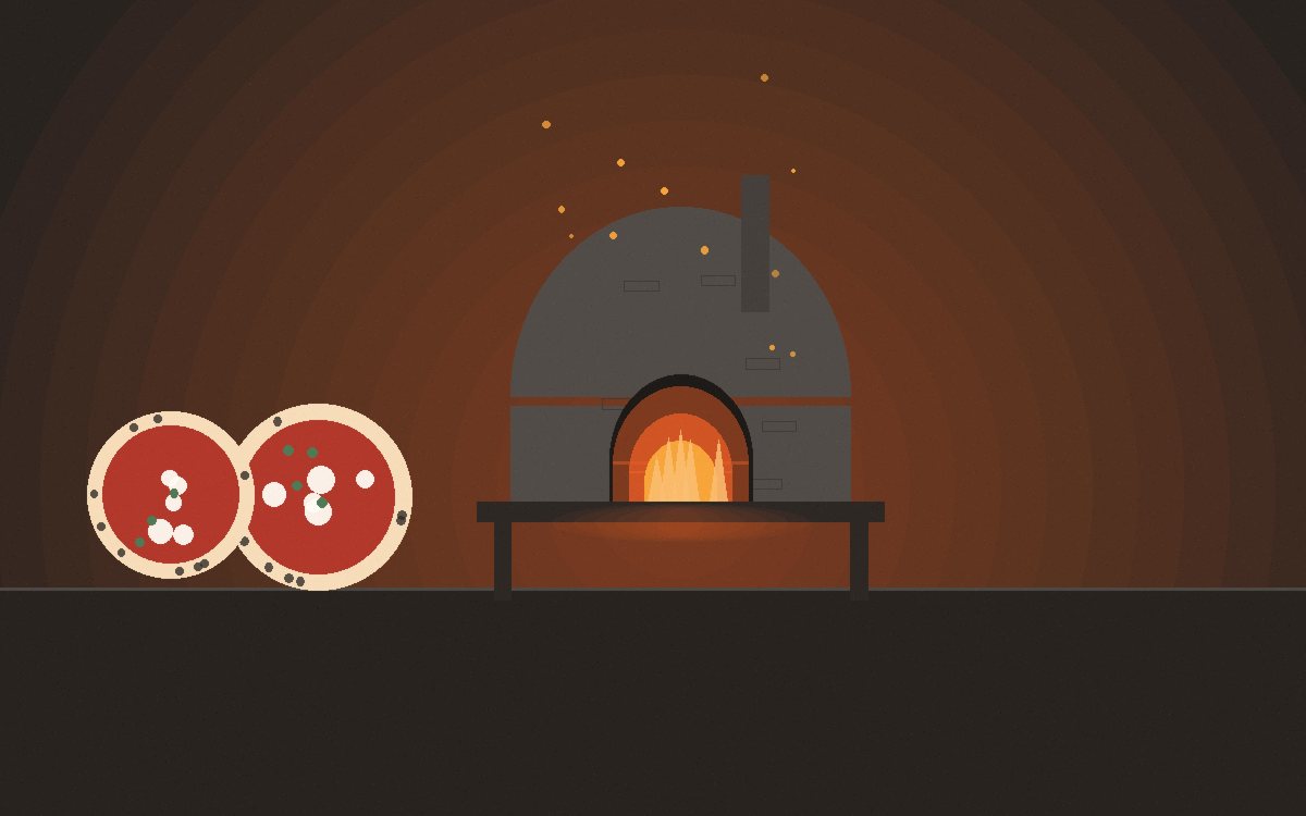 Ocho personas alrededor de una mesa al aire libre de noche con pizzas sobre tablas y el horno brillando detrás
