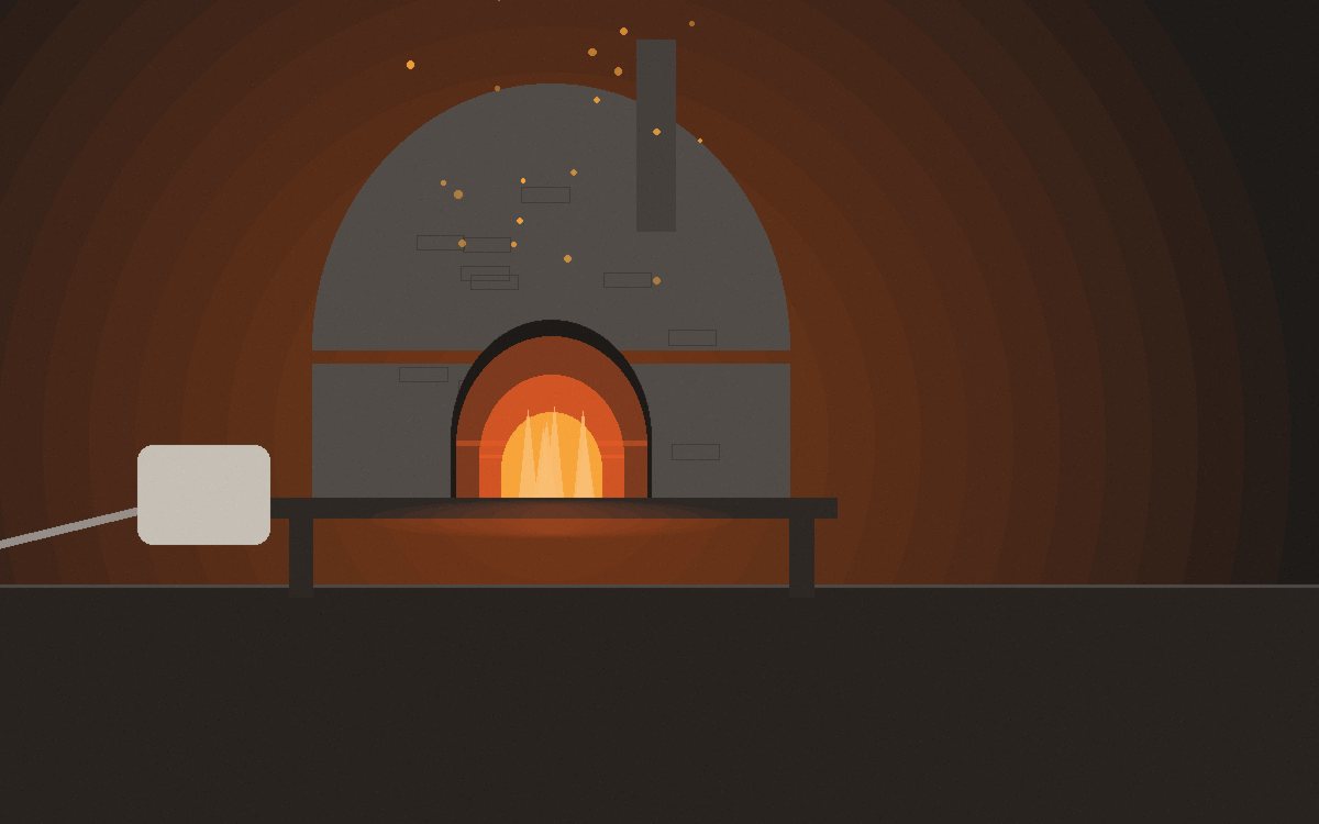 Horno de pizza brillando de noche en un patio con una mesa de gente y tablas de pizza